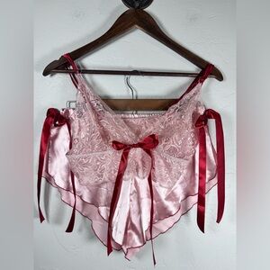 SHEIN Pink Satin Shorts and Bralette Chemise with Red Bows Size Large